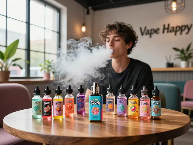 Person vaping with Pop Clouds E-Liquid bottles in a stylish lounge.