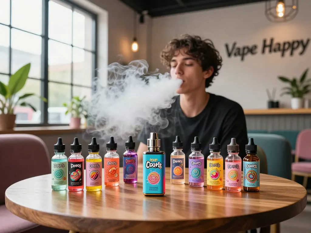 Person vaping with Pop Clouds E-Liquid bottles in a stylish lounge.