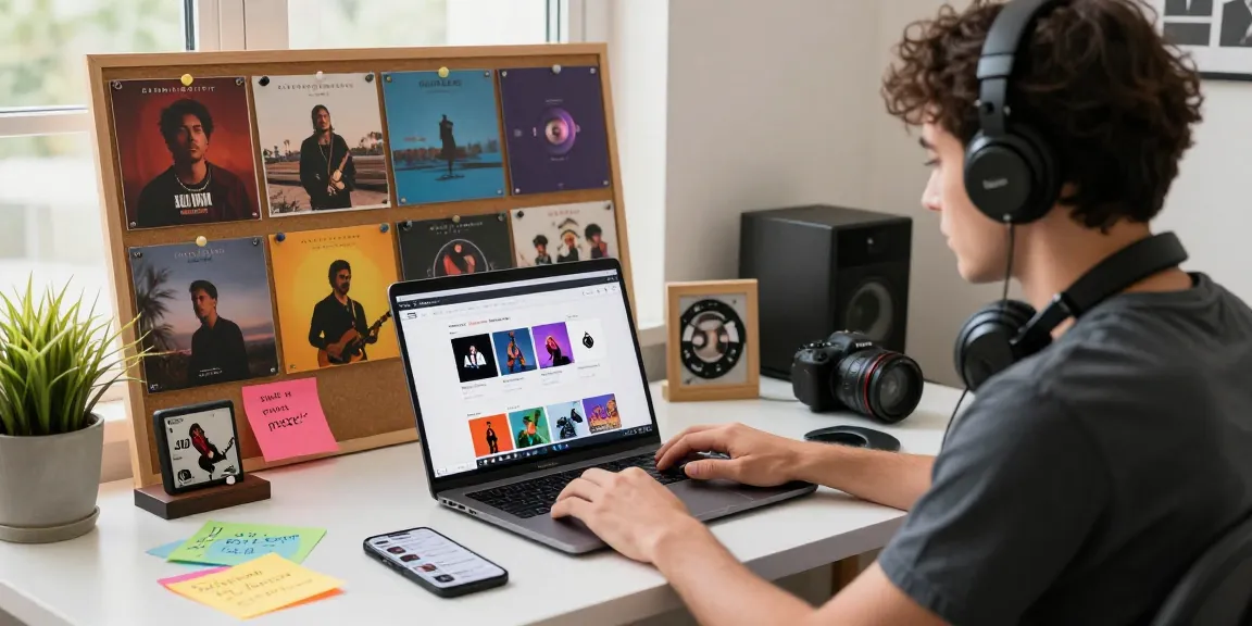 Dynamic digital music sales workspace showcasing an artist engaged in the music industry.