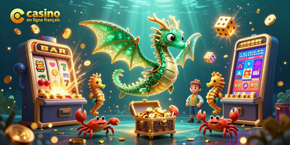 Illustration riche représentant un casino en ligne français avec un dragon de mer, des machines à sous et des symboles chanceux.