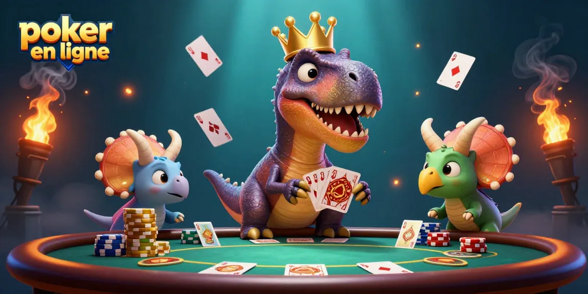 Jouez au poker en ligne avec des personnages animés dans une illustration captivante sur une table de poker