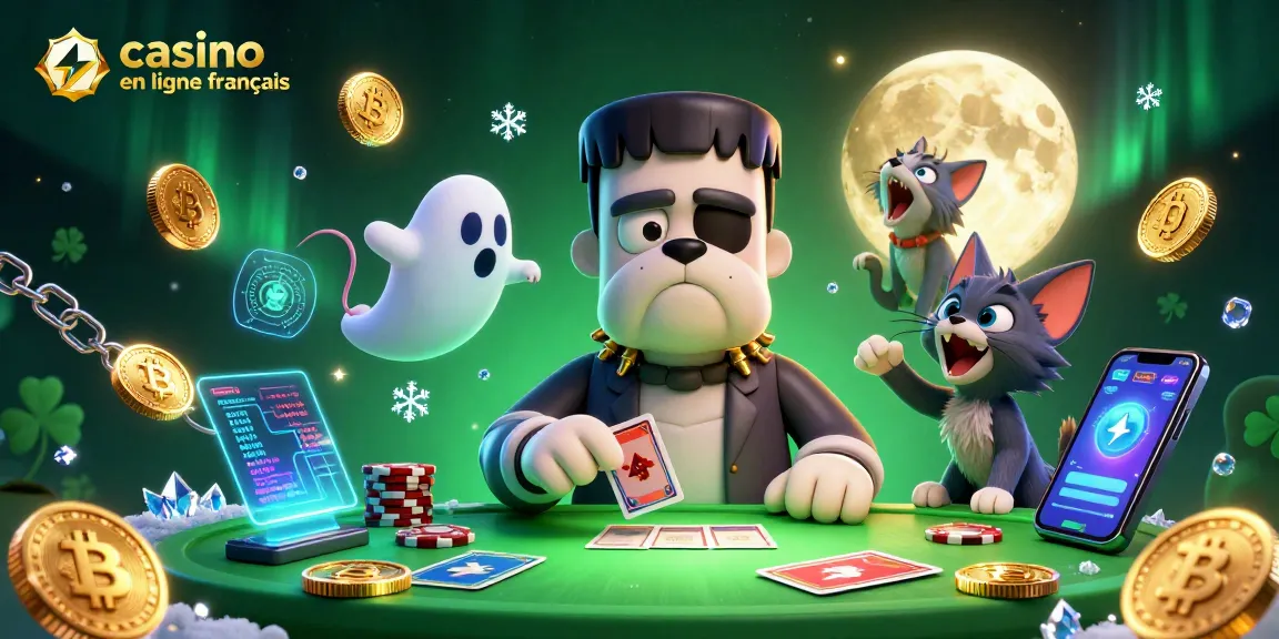 Jouez avec le casino en ligne français, où un bulldog Frankenstein distribue des cartes à une table animée.