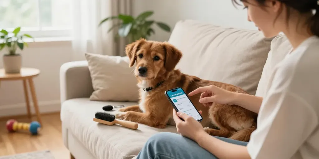 Skin tags on dogs being examined by a caring pet owner in a warm living room setting.