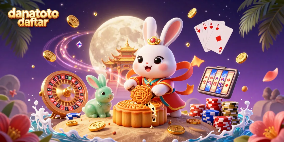 Engage with casino magic through danatoto daftar, featuring vibrant 3D illustration of moon rabbit and poker elements.