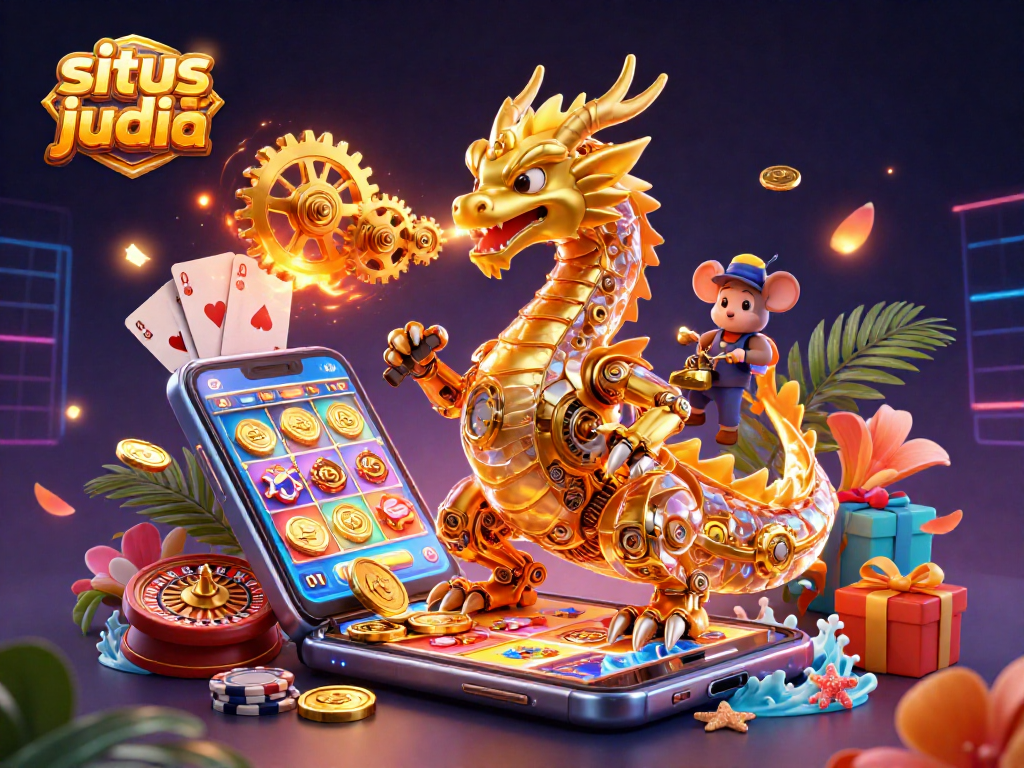 Engage in situs judi bola with a golden dragon, golden gears, and exciting gaming elements.