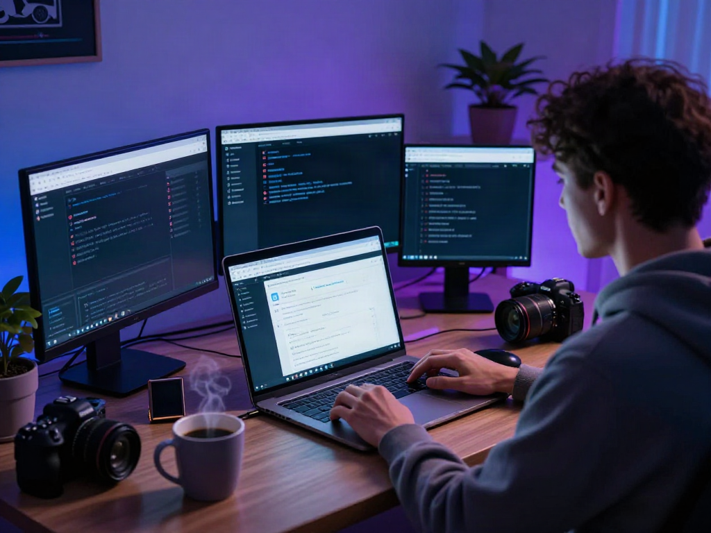 A person exploring hidden wiki dark web links on multiple monitors in a dimly lit workspace.