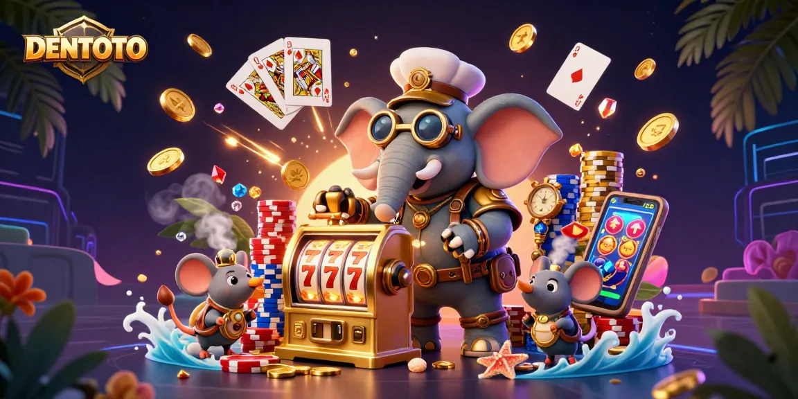 DENTOTO's vibrant scene showcases a whimsical steampunk elephant managing a slot machine amidst sparkling riches.