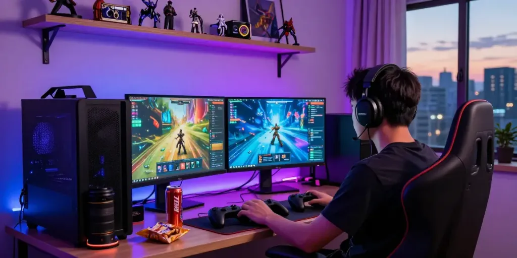 MPO88ASIA gaming scene showing a gamer enjoying immersive gameplay with dual monitors and vibrant graphics in a stylish home setup.