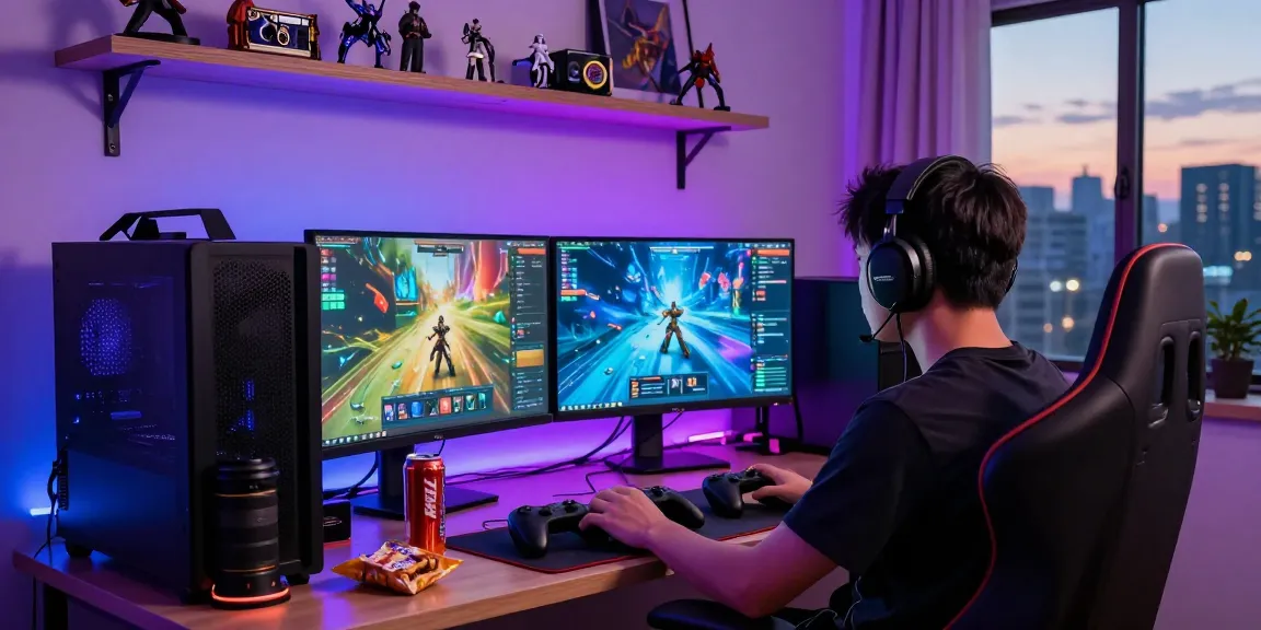 MPO88ASIA gaming scene showing a gamer enjoying immersive gameplay with dual monitors and vibrant graphics in a stylish home setup.