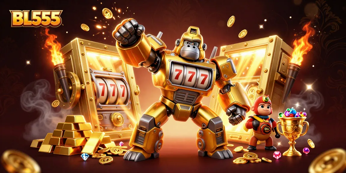 Experience thrilling slots at BL555 with a golden gorilla mech and treasure bursting with coins!
