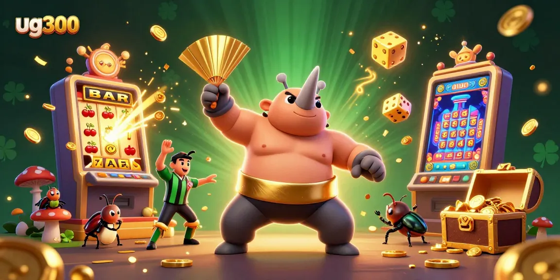 Gambarkan keseruan permainan kasino ug300 dengan simbol slot dan koin emas mengalir!