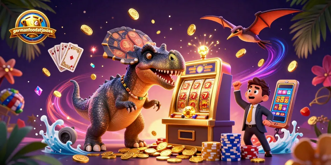 Engage with germanfoodatjosies' thrilling slot jackpots as a cartoon dinosaur claims victory!