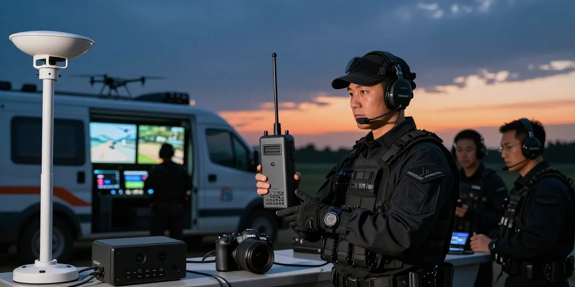 Anti drone jammer in action during outdoor security operations with high-tech equipment and professionals.
