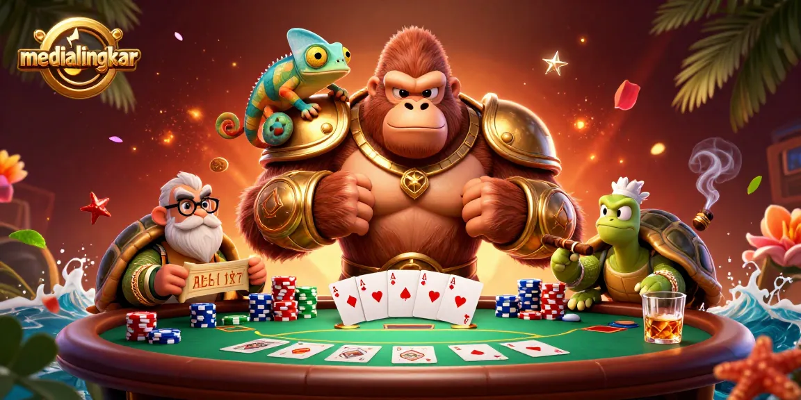 Experience excitement at medialingkar's vibrant casino scene featuring a powerful gorilla king, poker elements, and thrilling gameplay.