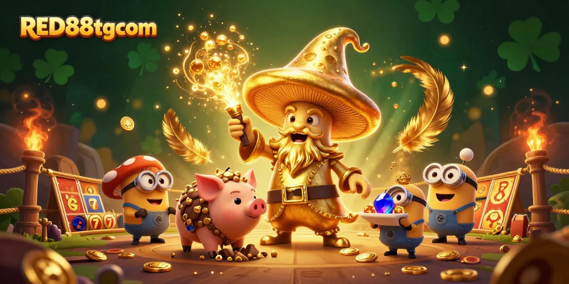 Experience lively slot adventures with RED88tgcom's whimsical golden mushroom wizard scene.