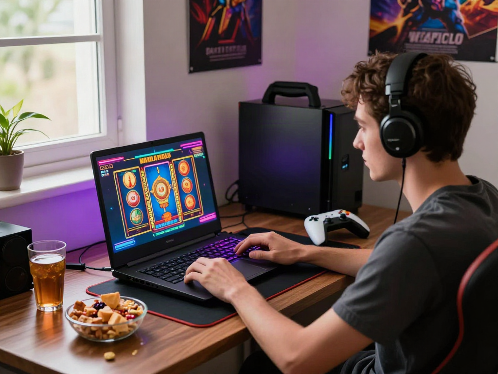 Engaging rokok88 slot login experience at home gaming setup with vibrant visuals and cozy atmosphere.
