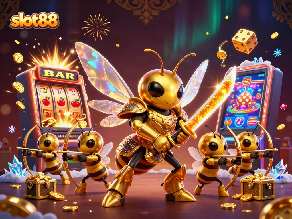 Experience the excitement of slot88 with animated golden hornet and slot machine jackpot.