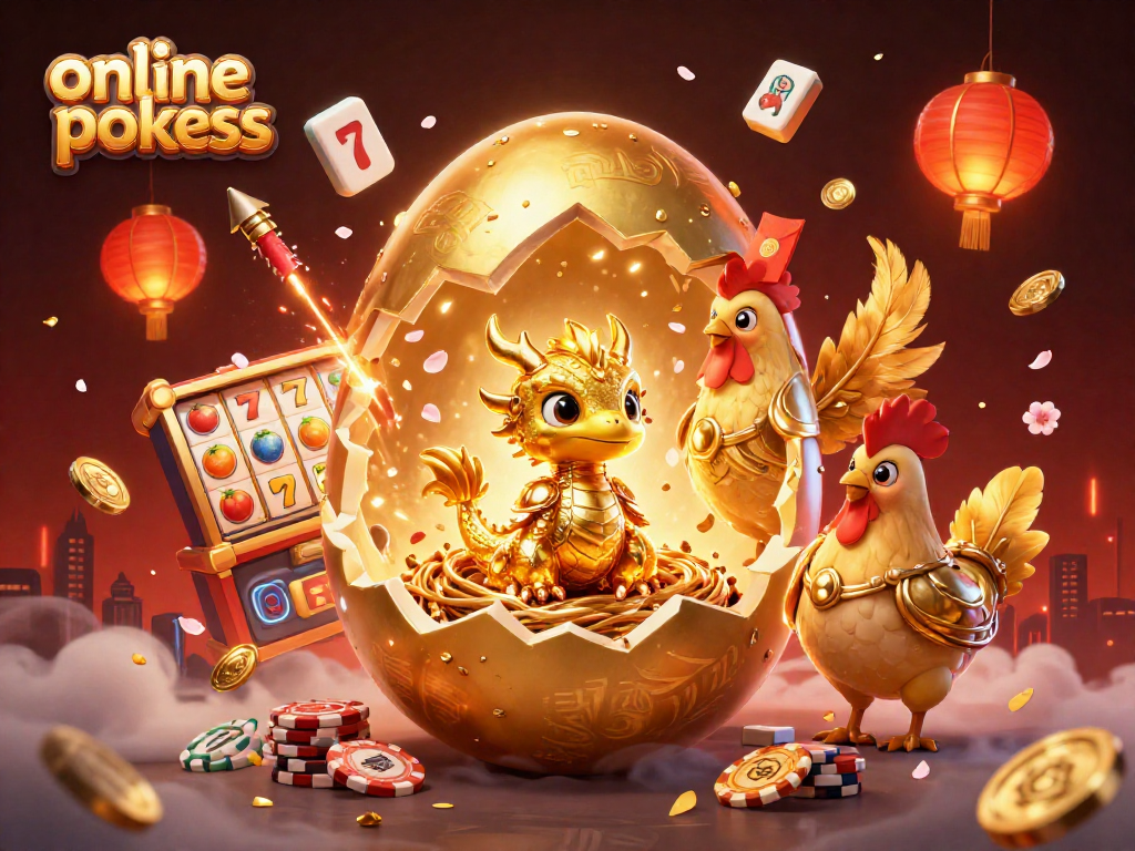 Experience thrilling online pokies with a golden dragon surrounded by dynamic gaming elements.