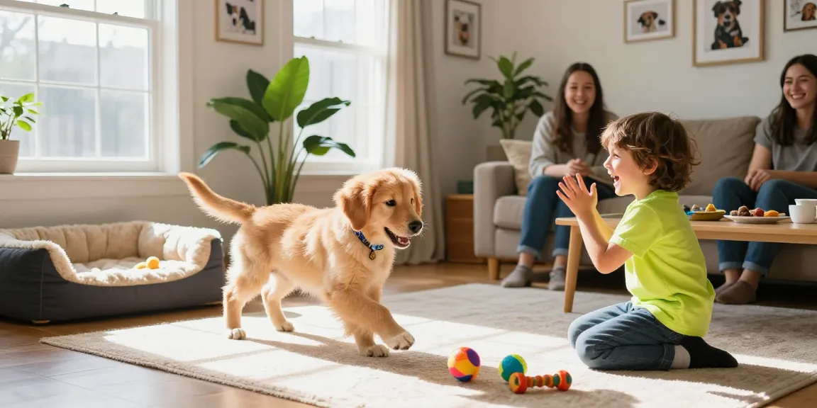 Golden retriever puppy playing with a child at home, showcasing NAGA2000 pet care moments.