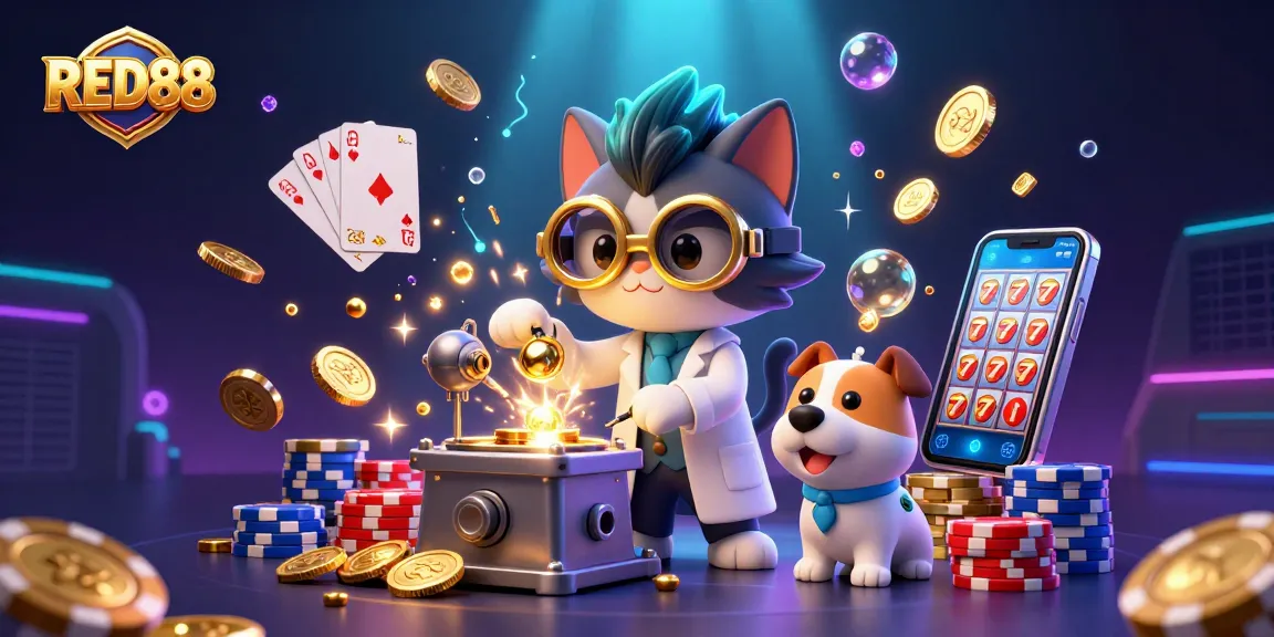 Experience excitement with RED88, featuring dynamic characters, casino elements, and golden treasures.