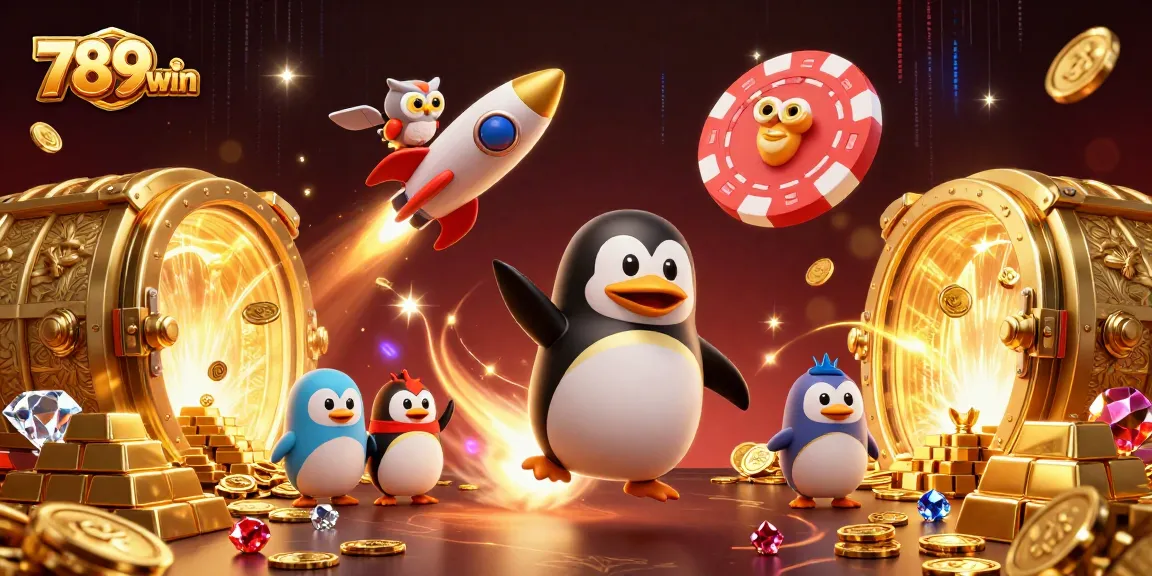 Experience 789win's thrilling gameplay with a penguin shooting through cosmic treasures at an online casino.