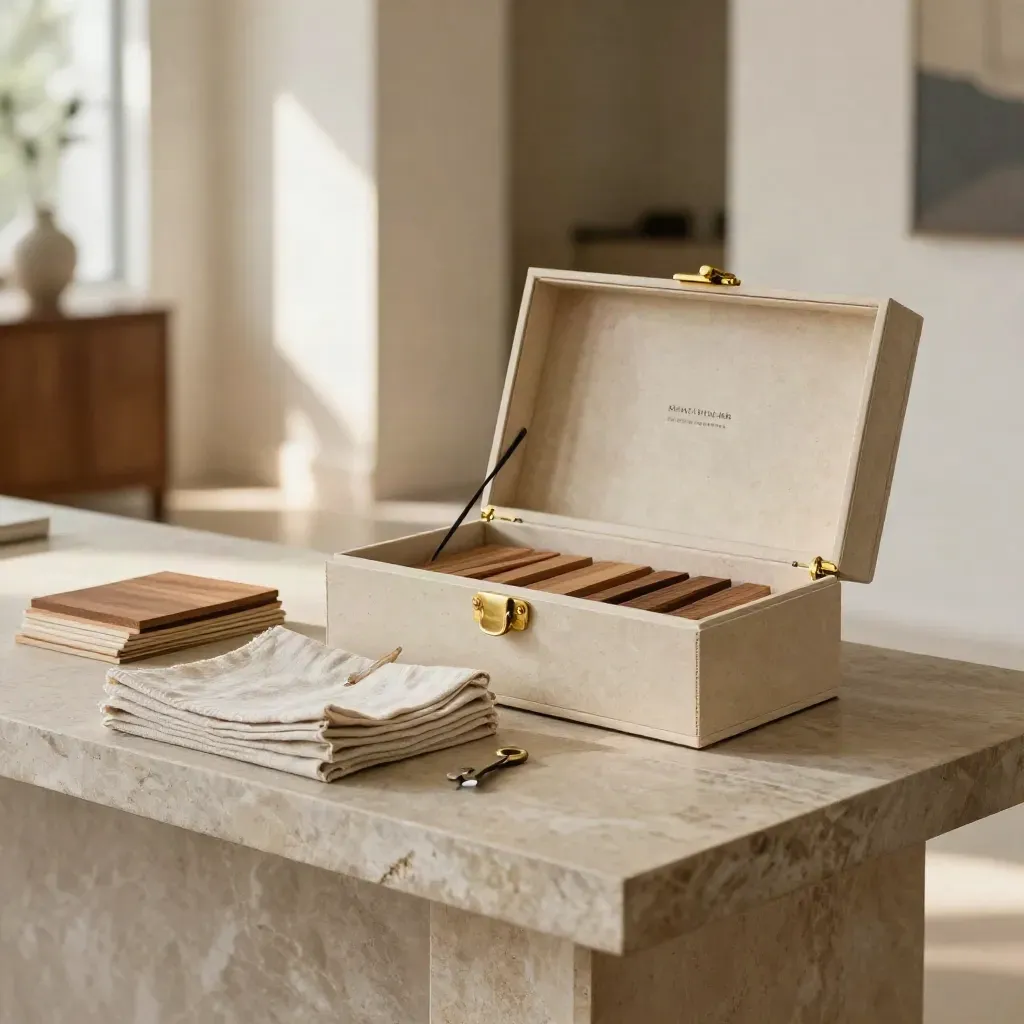 Stone seller plan box with brass clasp, linen swatches, cedar sample and key case on a console.