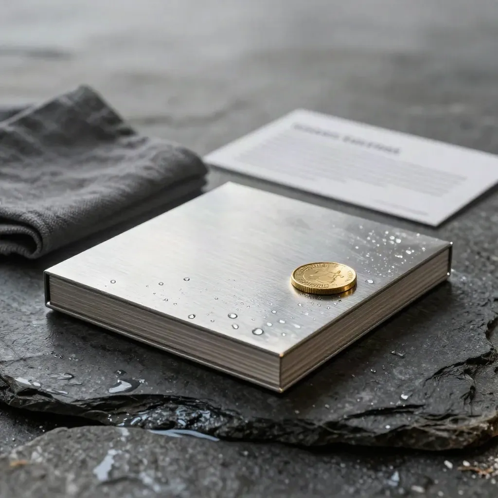 Brushed aluminum valuation deck with cloth square and brass token on wet slate