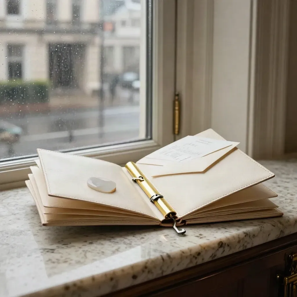 Ivory leather Manhattan buyer-search folio with brass details and staging props on travertine.