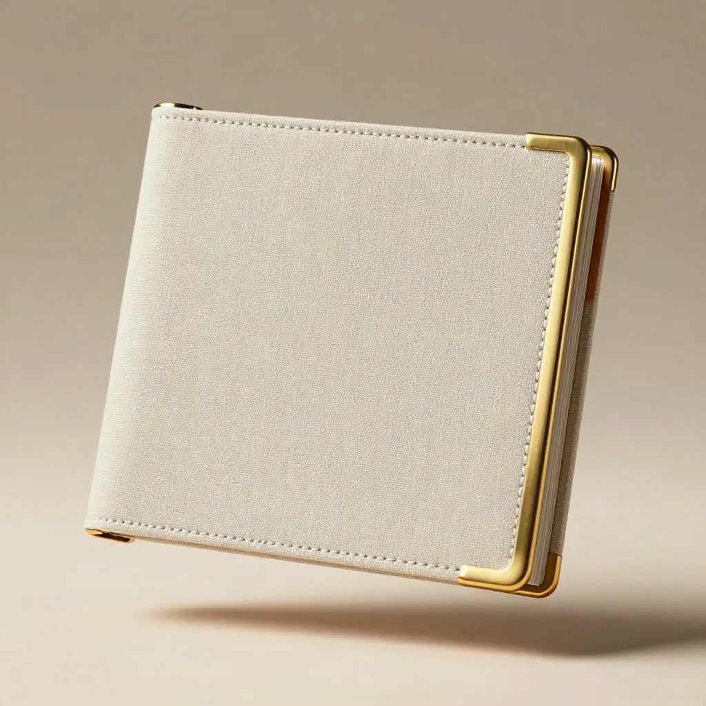 Ivory linen listing folio with brass corners and cedar inserts in macro detail.