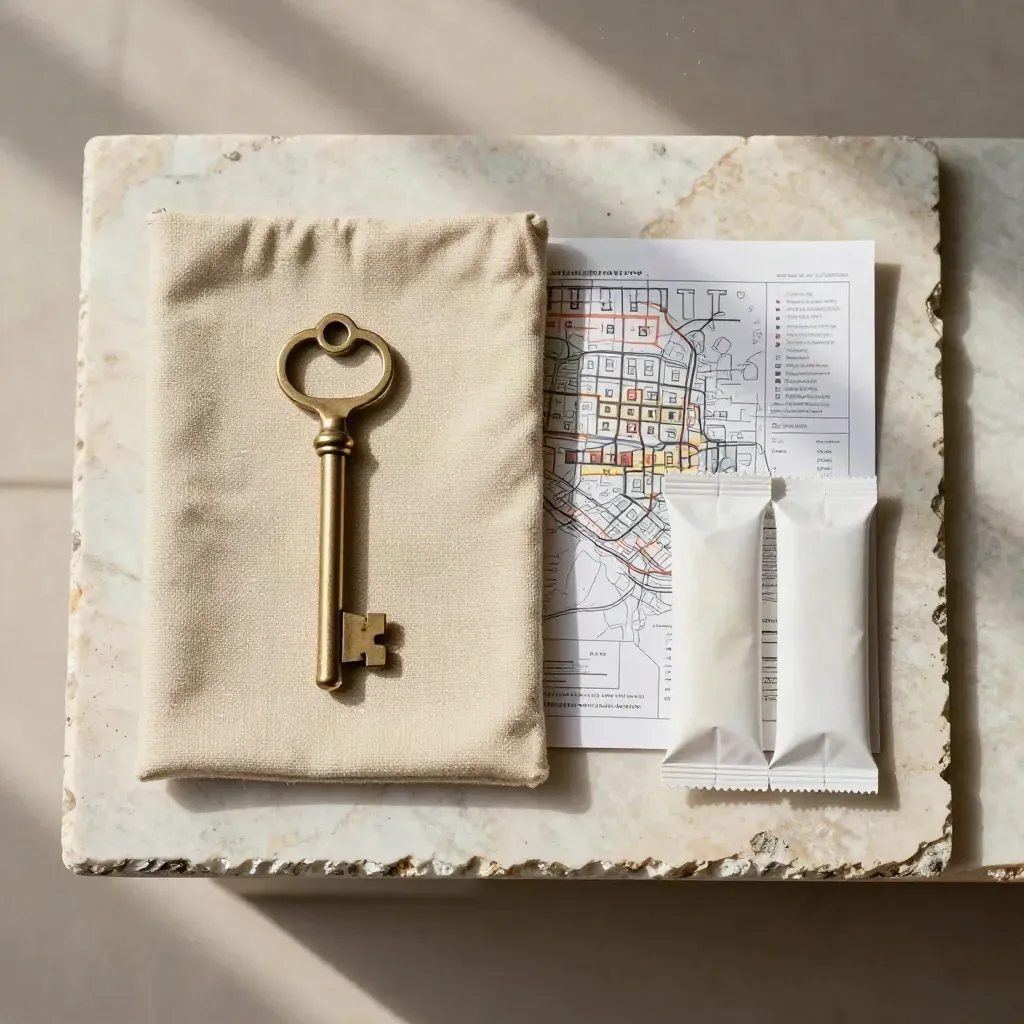 Overhead flatlay of a townhouse tour packet with key case and folded papers on pale stone.