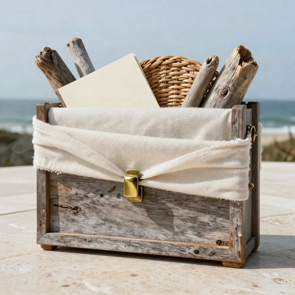 Hamptons listing pack in oak, ivory cloth and brass on a salt-misted stone terrace.