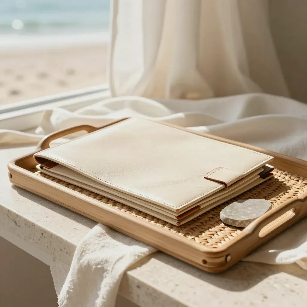 Cream leather relocation folio, woven tray, and stone sample in soft linen on travertine.
