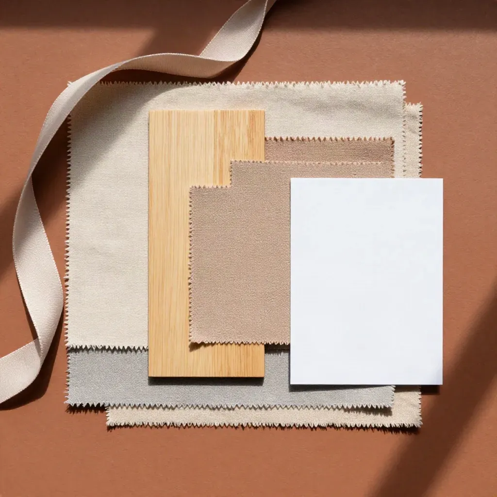 Overhead flatlay of staging swatches, wood chips, ribbon, and a presentation card on terracotta plaster.