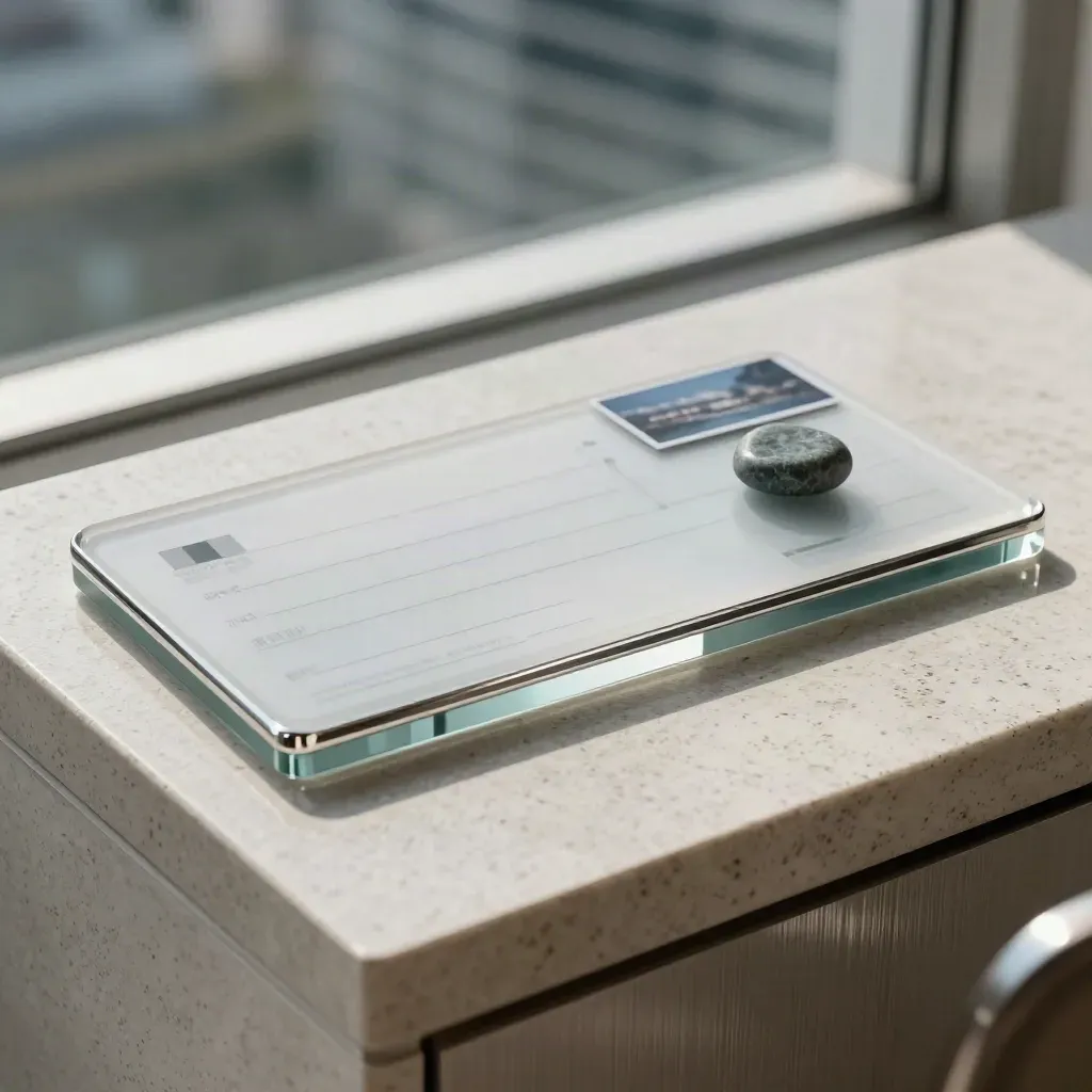 Frosted acrylic condo deal bundle with glass block and stone chip on pale stone.