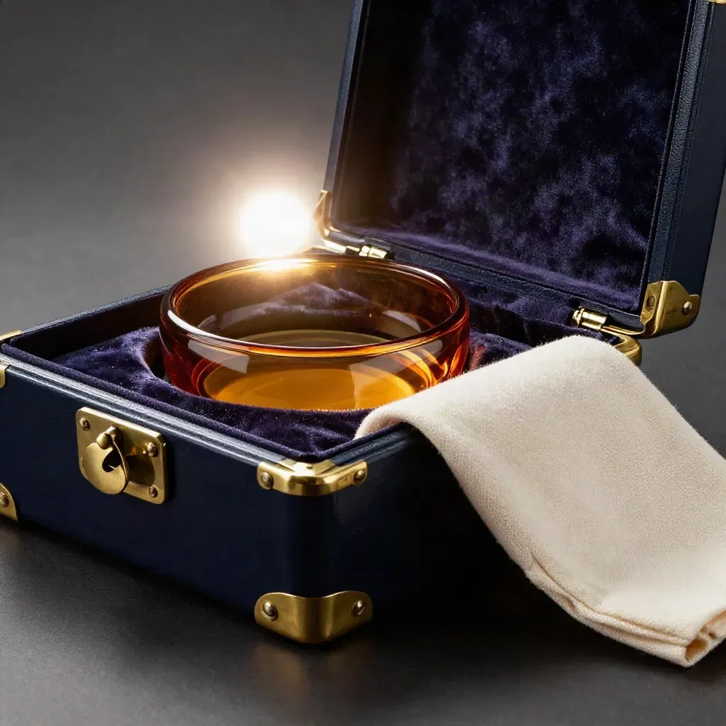 Open navy real estate seller pack case with brass corners, amber glass and velvet lining