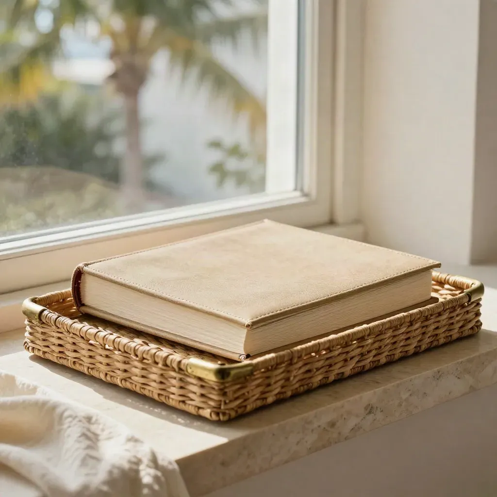 Sand-toned Palm Beach buyer brief folio in a woven tray on a limestone bench by the sea.