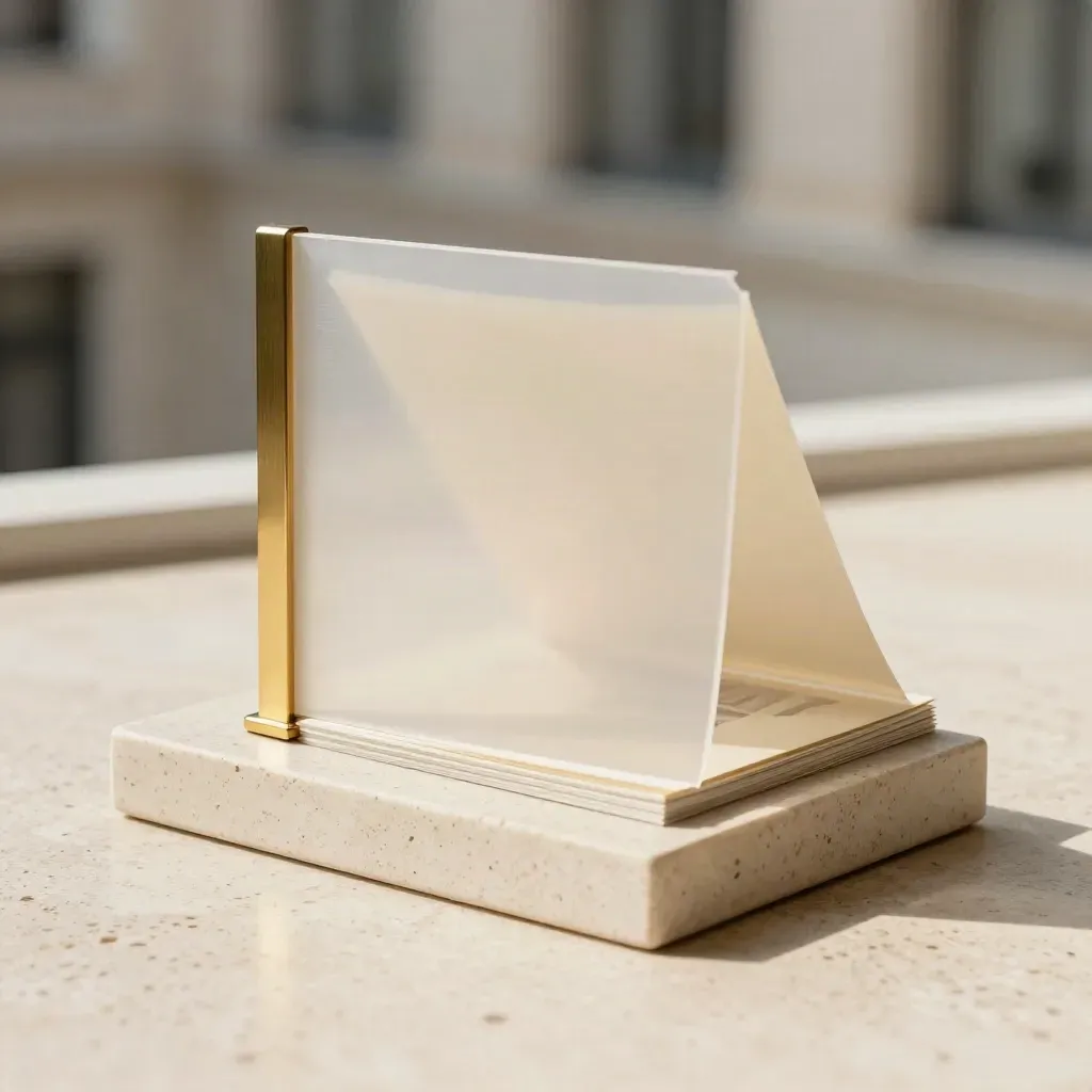 Cream folio photo pack with frosted sleeves and brass spine on travertine, softly lit and elegant.