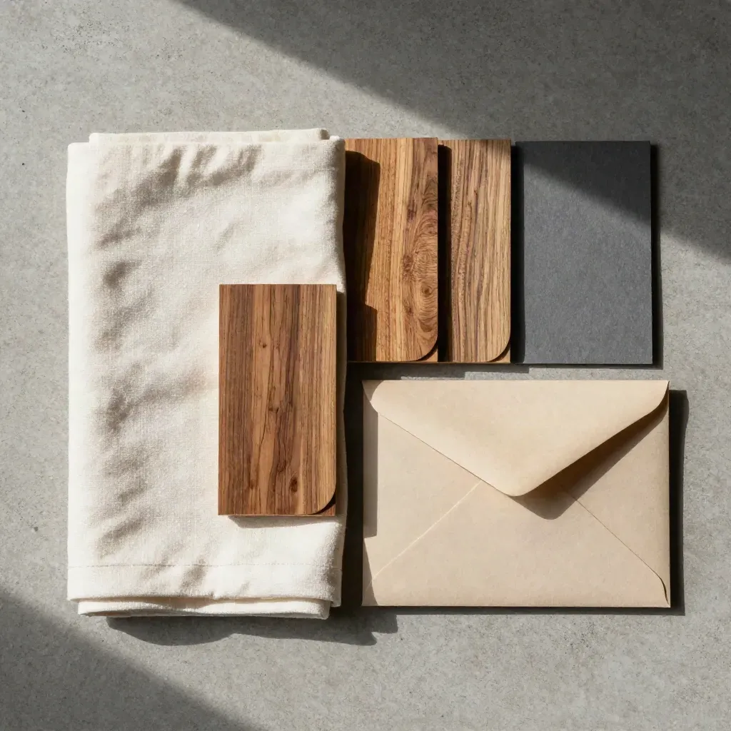 Overhead flatlay of folded linen, ash wood samples and a sealed envelope on concrete.