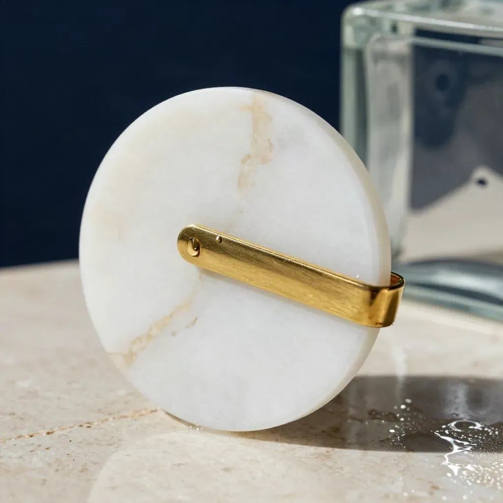 Macro of frosted acrylic, brass, marble and glass on pale stone with humid navy reflections