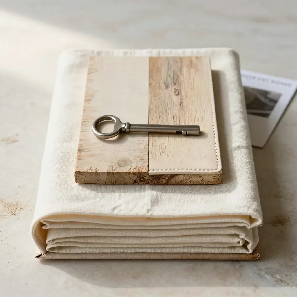 Open portfolio box with ivory linen, oak sample and key sleeve on pale stone.