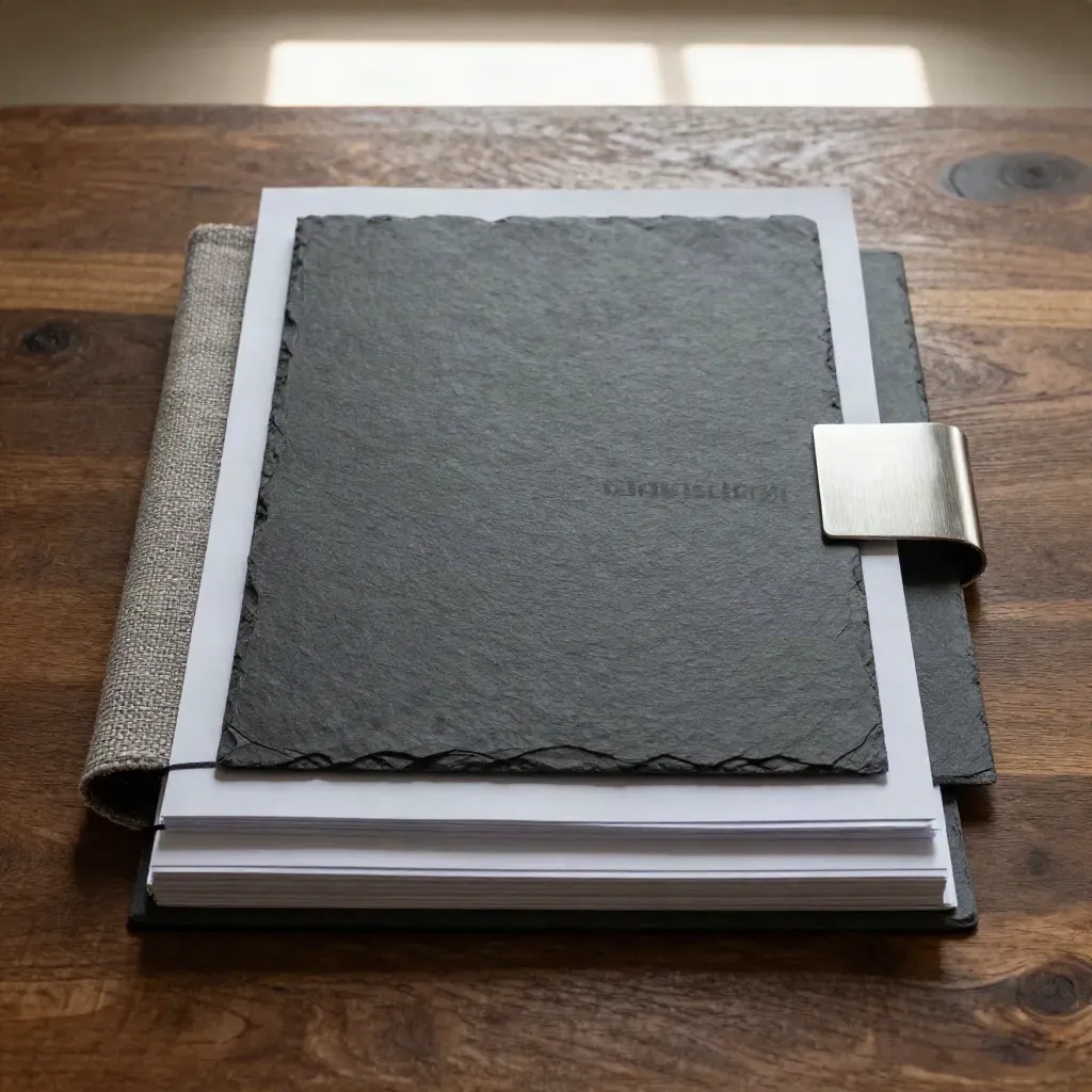 Overhead flatlay of a Brooklyn investor packet with charcoal boards, folded cloth, and a metal tab on dark oak.