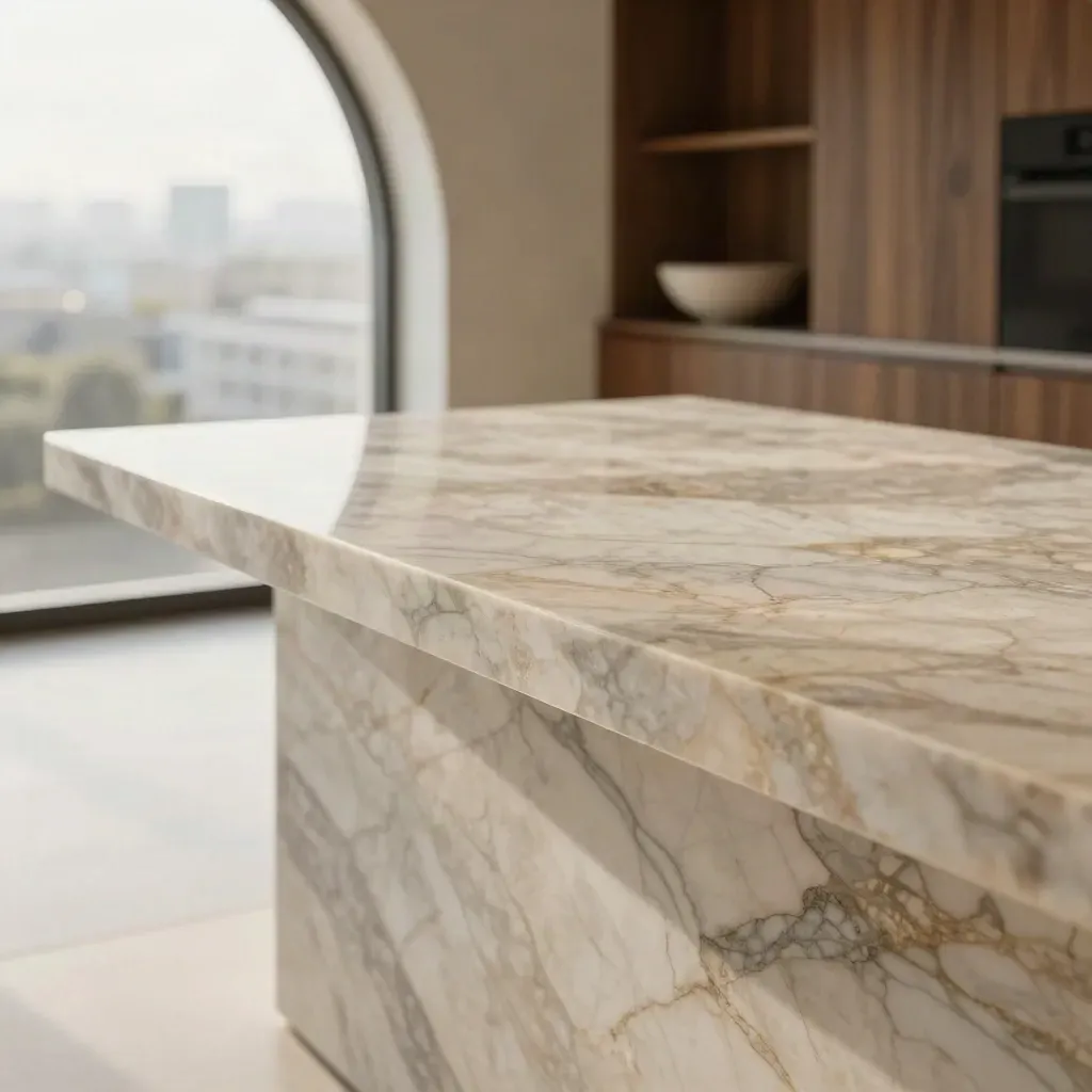 Sunlit veined marble island beneath an arched window, with soft city haze above.