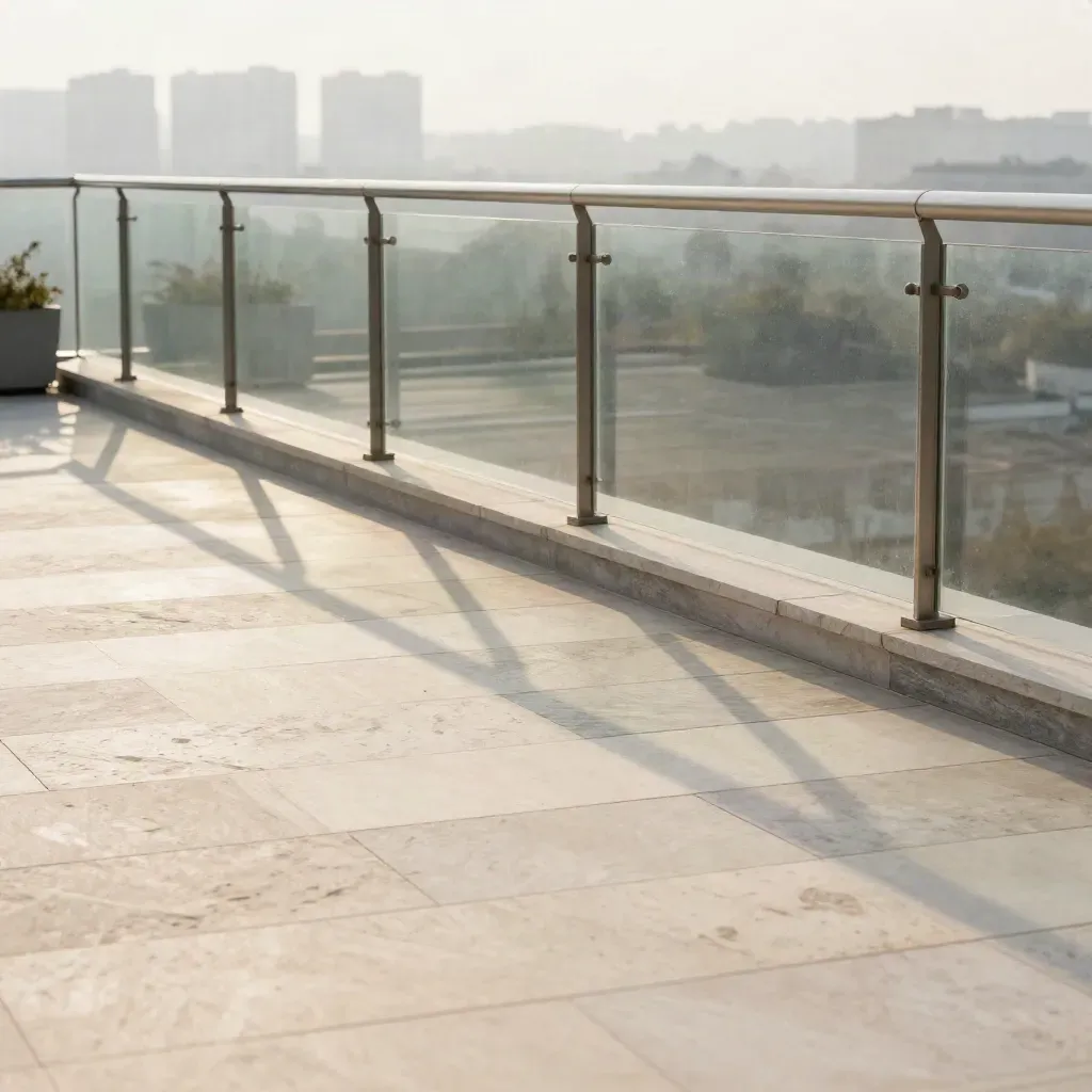 Sunlit rooftop terrace with glass railing, limestone pavers, and hazy distant towers