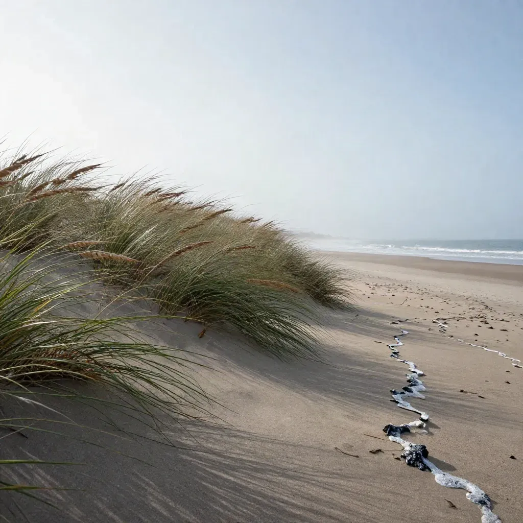 Sea oats on a dune above pale surf in blue hour haze