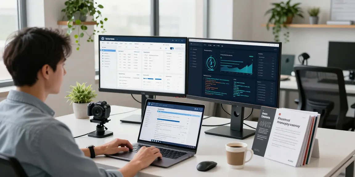 Age verification system setup with professional analyzing data on dual monitors in a modern office