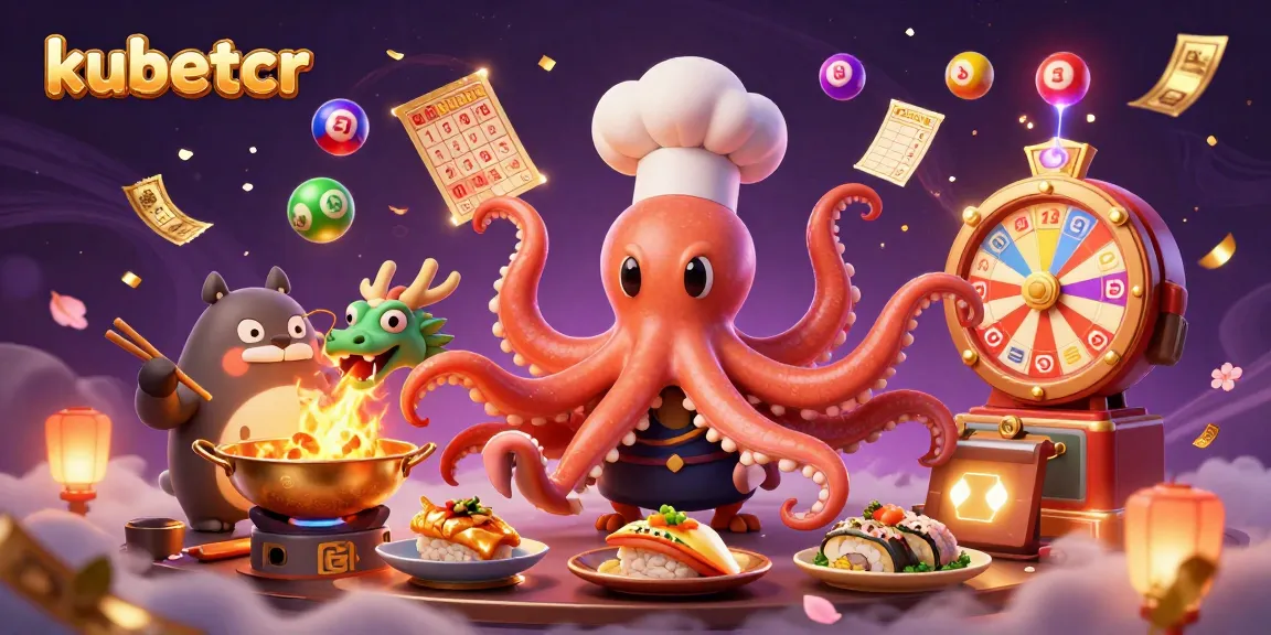 Win with kubetcr: Dynamic and colorful illustration of a casino scene with a sushi chef octopus and vibrant elements.
