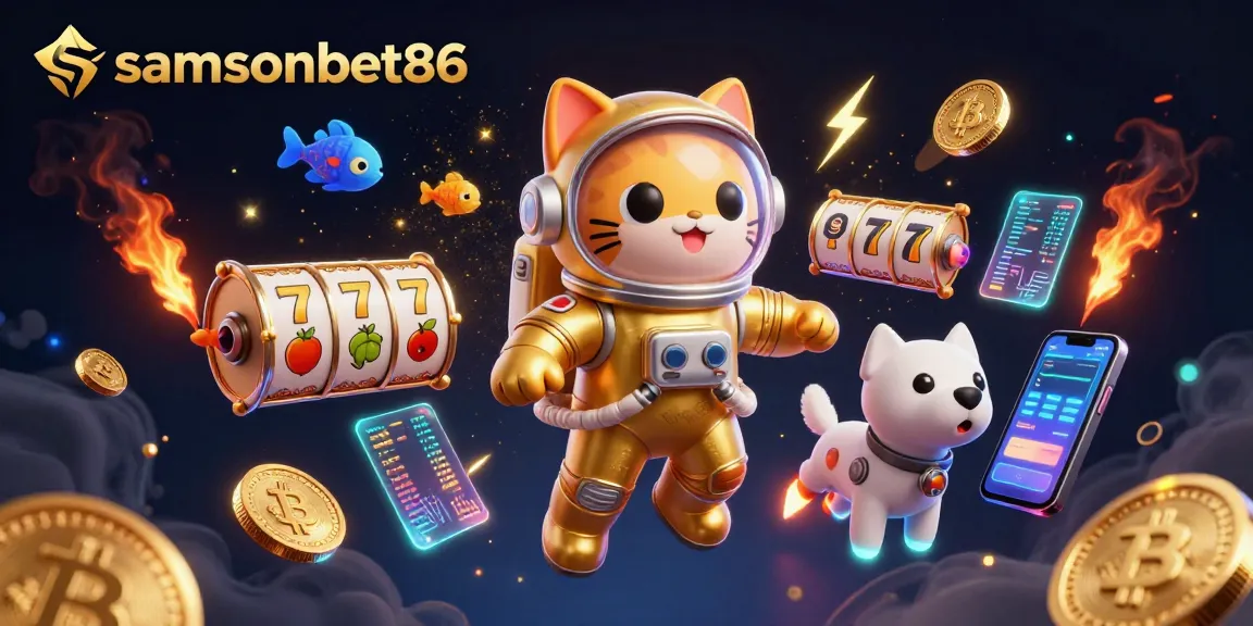 Play winning slots with samsonbet86 amid a vibrant space-themed gaming illustration.