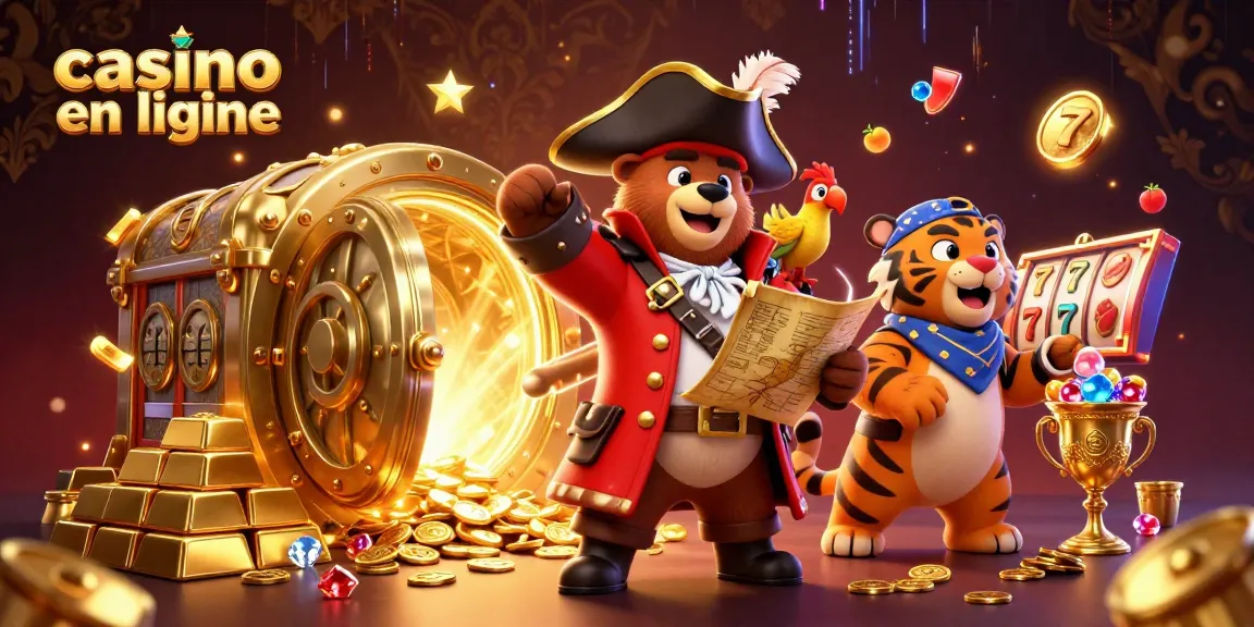 Vivez l'excitation d'un casino en ligne avec notre illustration captivante de personnages pirates riches en trésors.