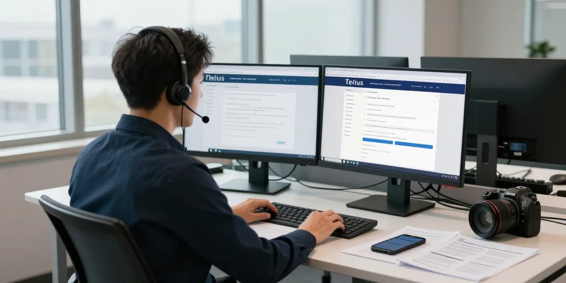 Telus-Technical-Support representative assisting a customer over the phone in a professional office.