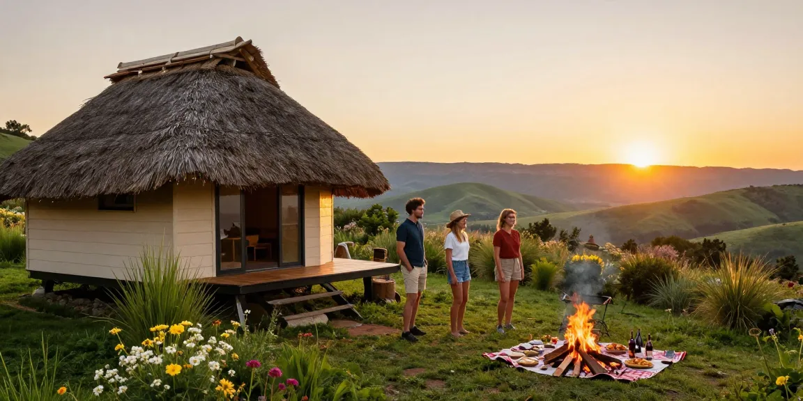 Accommodation Magaliesberg in a serene mountain setting with travelers enjoying sunset